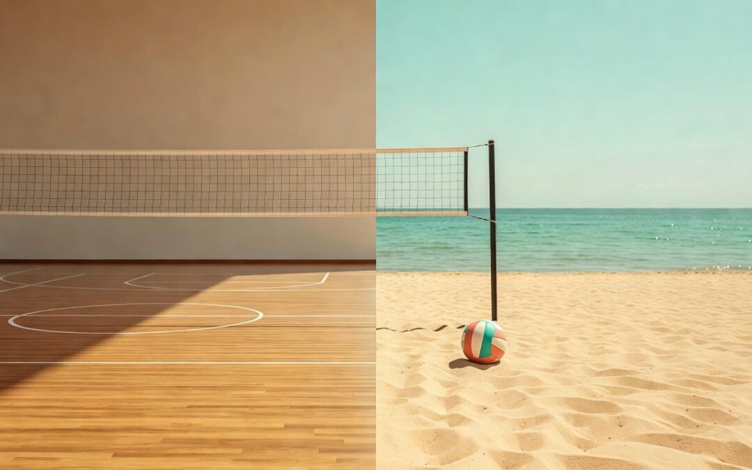 Indoor court on the left and a beach court on the right, split by a volleyball net (illustration, AI)